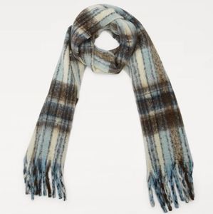 NWT ZARA Brown/Cream/Blue Plaid Fuzzy Fringe Blanket Scarf